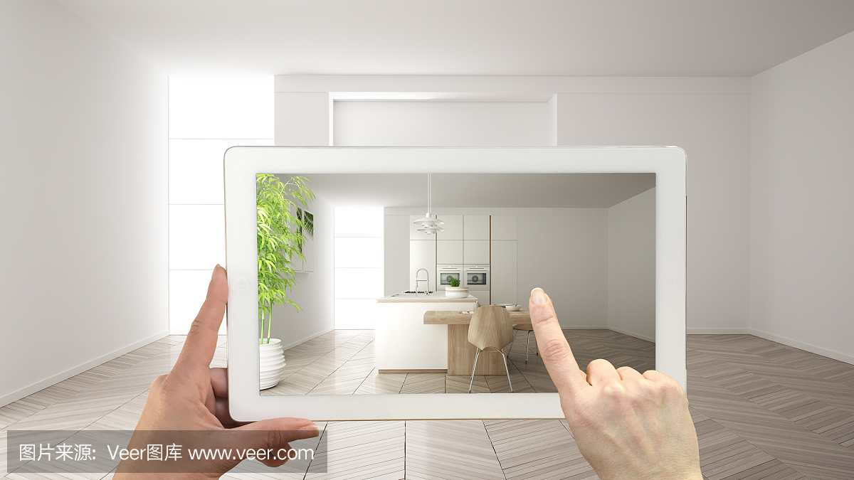 增强现实的概念。手持平板与AR应用,用于模拟家具和设计产品的空室内拼花地板,现代白色厨房